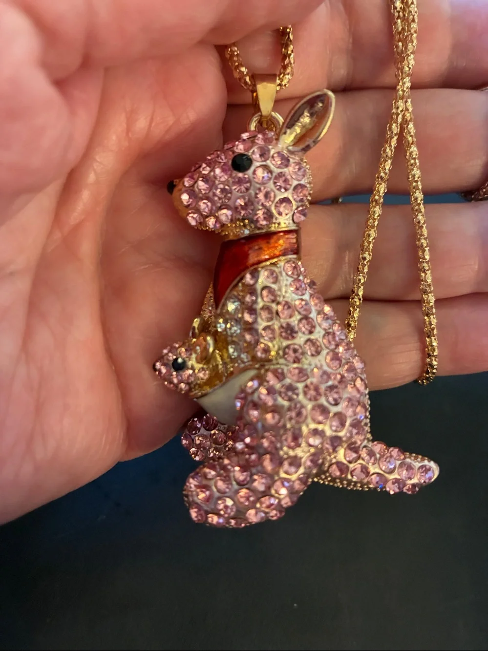 Pink Crystal kangaroo, and baby in the pouch Pendant Necklace